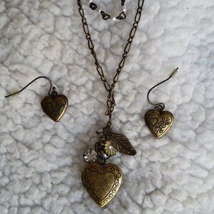 Vintage Heart Locket Necklace and Earrings